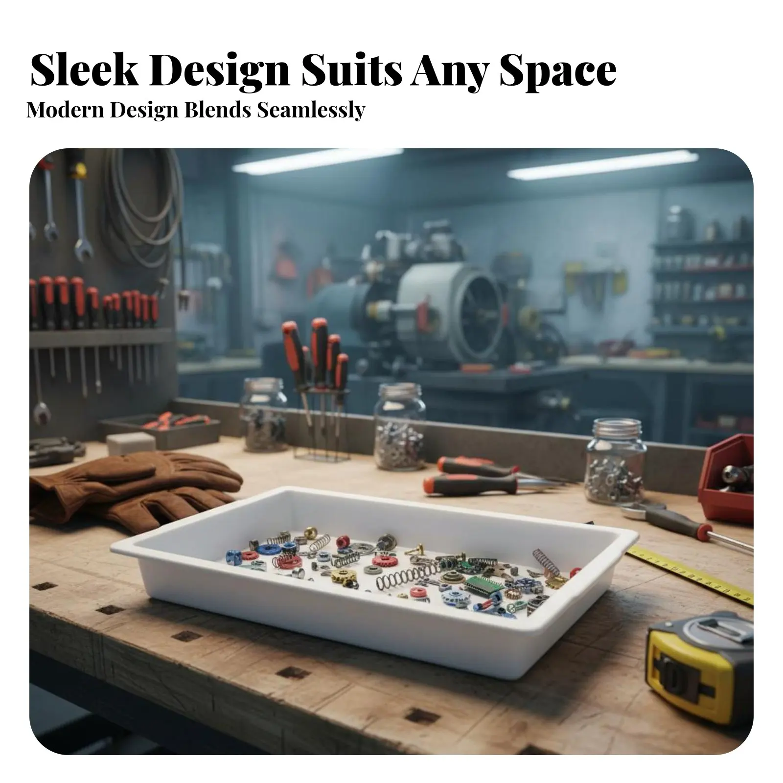 

Неглубокий прямоугольный контейнер-лоток повышенной прочности, большой вместимости, универсальный для дома, мастерской, гаража, офиса