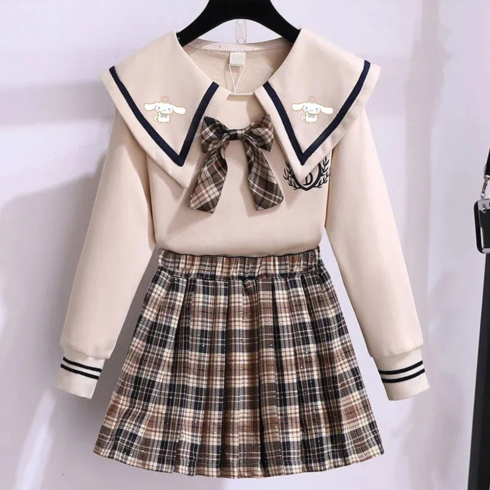 Sanrioes Anime Kuromi Cinnamorol Girl Princess Dress Kids Collegiate Style Sweater Spring Tops+Pleated Skirt Outfits Pullover