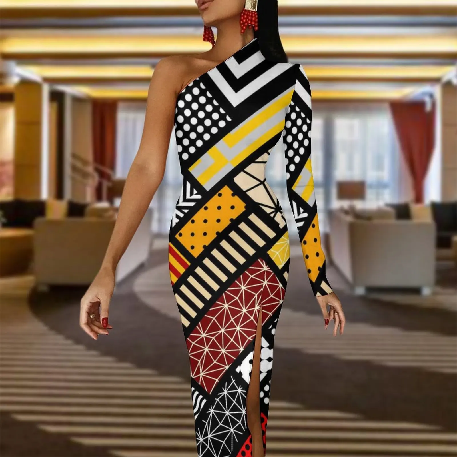 Vintage Tribal Maxi Dress One Shoulder Abstract Square Streetwear Bodycon Dresses Summer Retro Dress Ladies Graphic Vestido