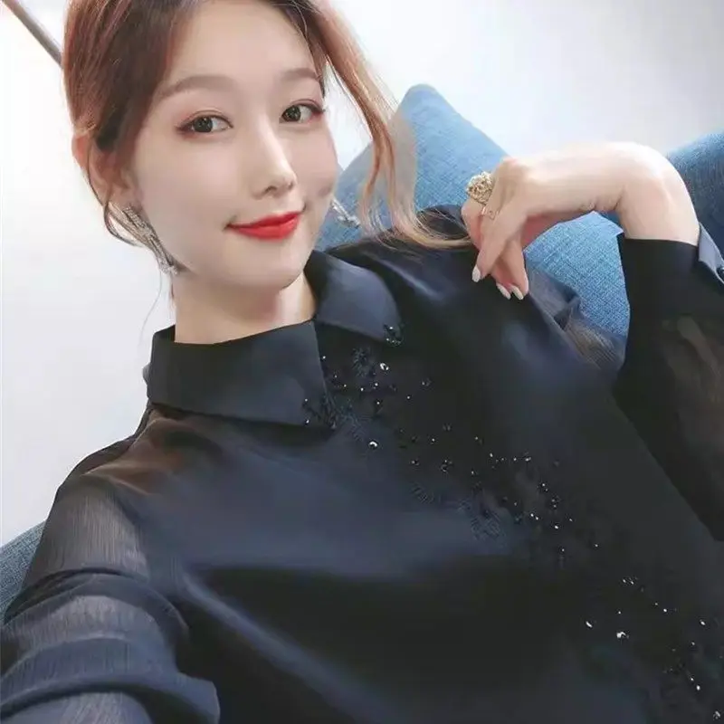 Camicia a maniche lunghe da donna primavera e autunno top in chiffon 2024 Camicia da donna nuova con versatile camicia con temperamento di copertura della pancia