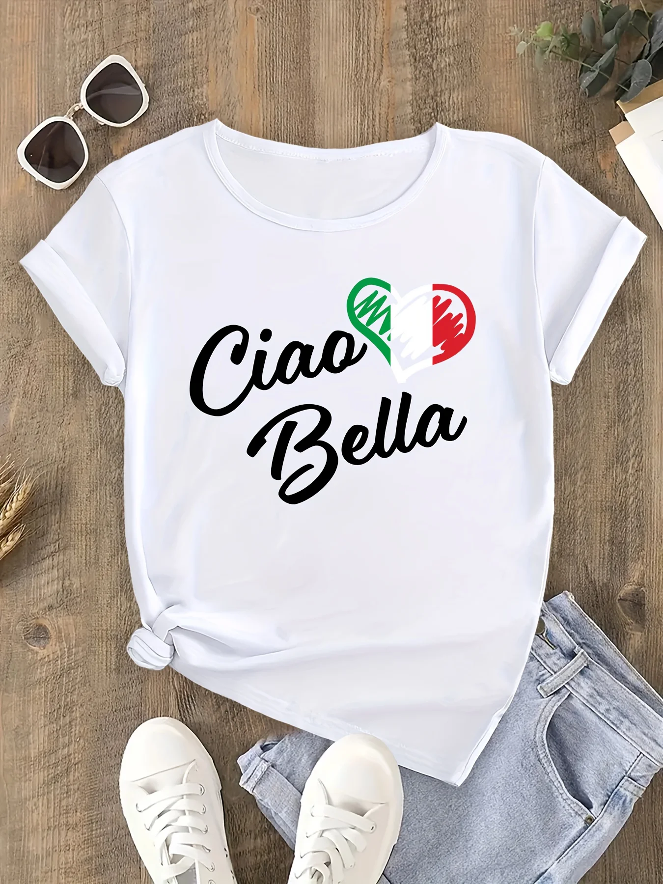 Italian Flag Heart Ciao Bella Print Italian-Themed Summer Top with Italian Flag Colors Harajuku Sleeve Casual Aesthetic Clothes