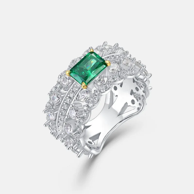 جديد 18K الذهب PT950 البلاتين الفضة مطلي 7-layer الذهب الزمرد عالية الكربون خاتم الماس صف مزدوج خاتم الماس الكامل