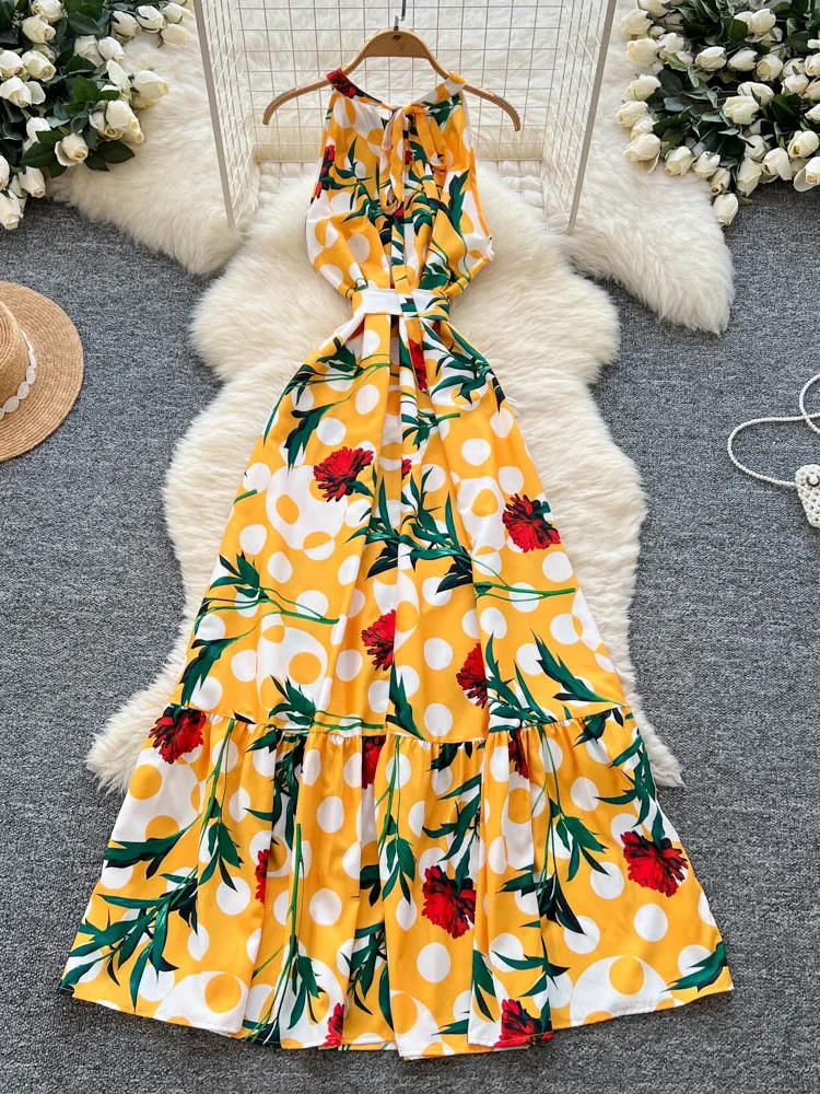 Boho-Damen-Sommerkleid mit Neckholder, Blumendruck, Bandage, Maxi-langes Kleid, lässig, Rüschen, Vestidos, schick, 2025, elegantes Strand-Urlaubskleid