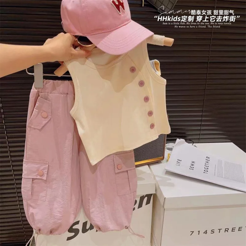 Girls' summer outfit: asymmetrical diagonal buckle elastic tank top and stylish cargo pants two-piece set95163