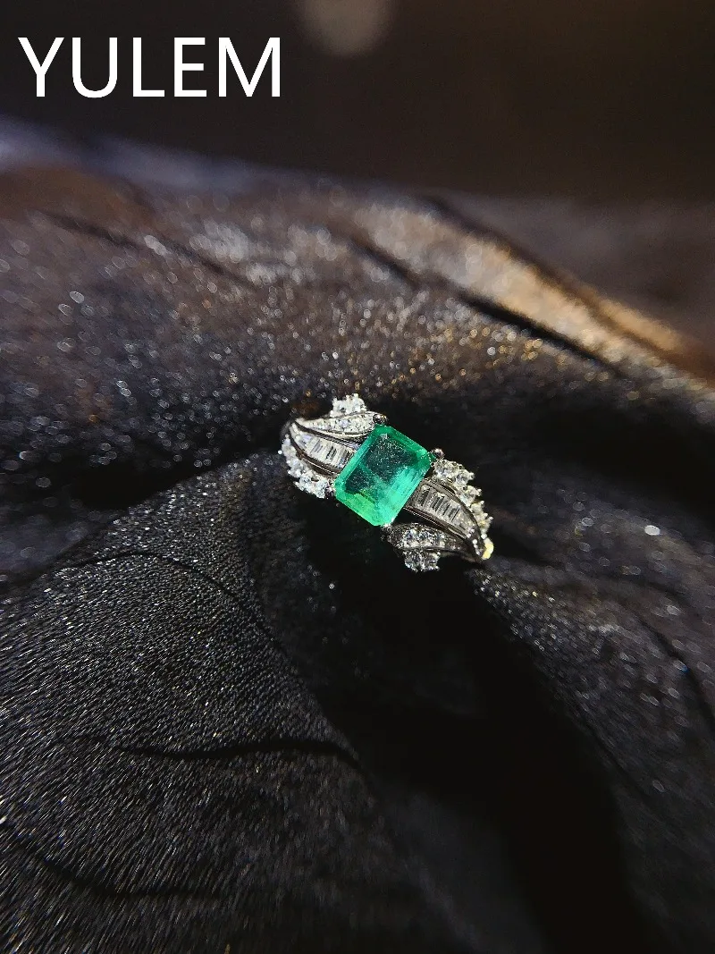 YULEM Vintage Design 925 Silver Gemstone Ring Natural Emerald Jewelry 5mm*7mm Colombian Emerald Jewelry