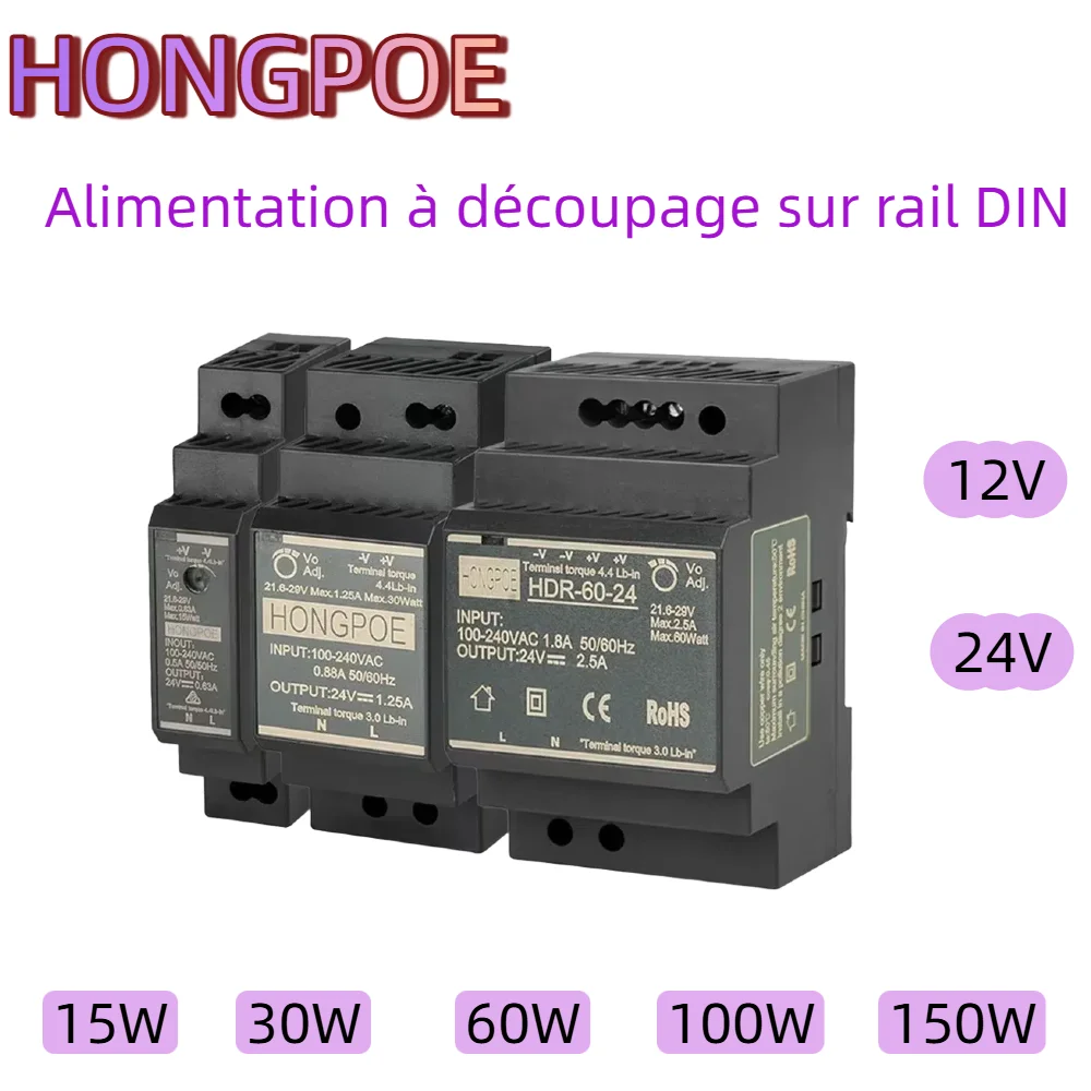 Alimentation à découpage sur Rail DIN SMPS 100-240VAC HDR-15W 30W 60W 100W 150W tension 12V 24V courant 0-7.1A transformateur industriel