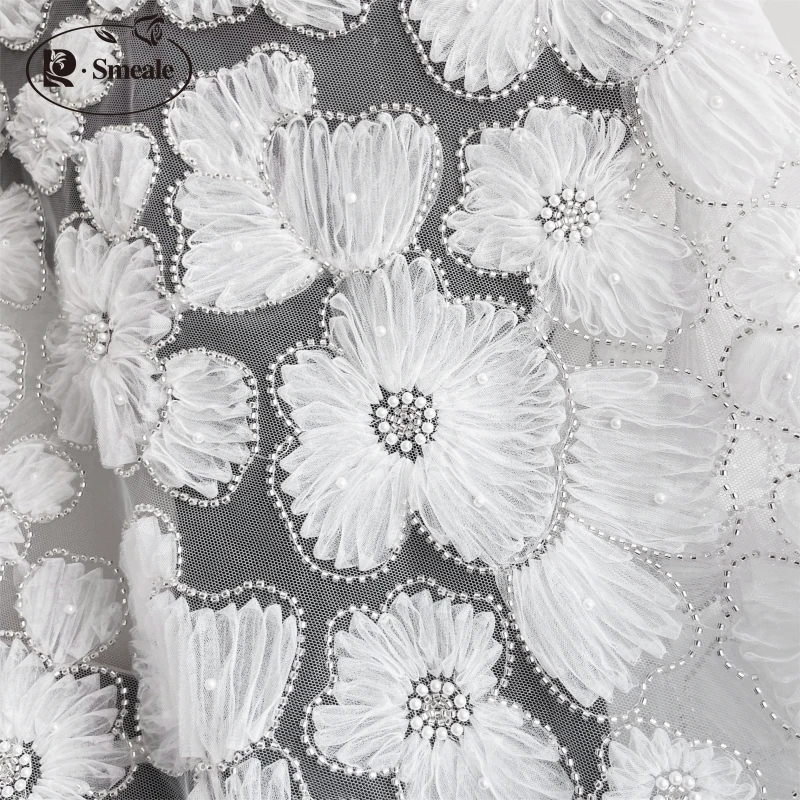 Besticktes Spitzens toff für Kinder bekleidung, 3D-Mesh-Blumen, Silber perle, Perlen-Hochzeits kleid, Spitzen band, RS5036, 3 Farben – Detail 11