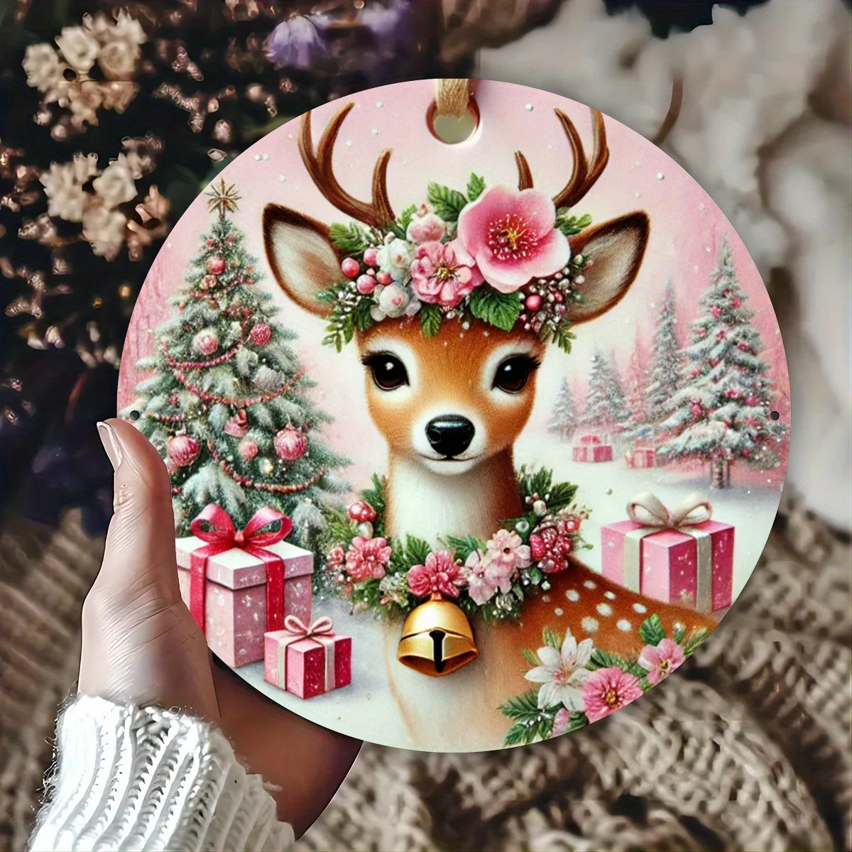2D Flat, 1pc Round 2D Flat Printed Metal Signage, Christmas Wreath Deer Sign, Outdoor Wall Decoration, Home Decoration, Room Dec