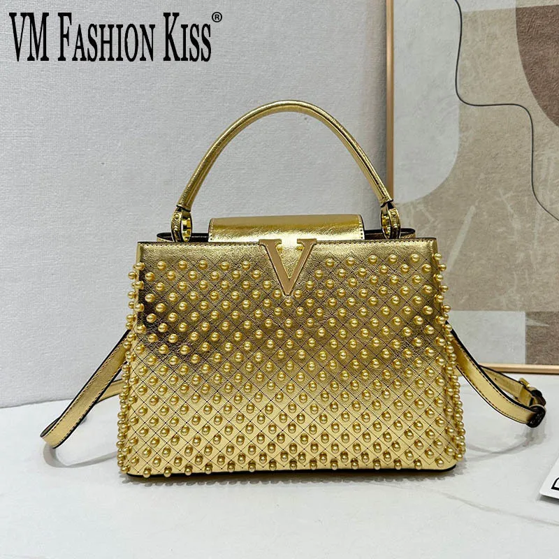 

VM FASHION KISS Full Pearl Inlay Women Microfiber Leather Handbag Lady Shoulder Bag Girl's Strap Messenger Bags Crossbody Bag