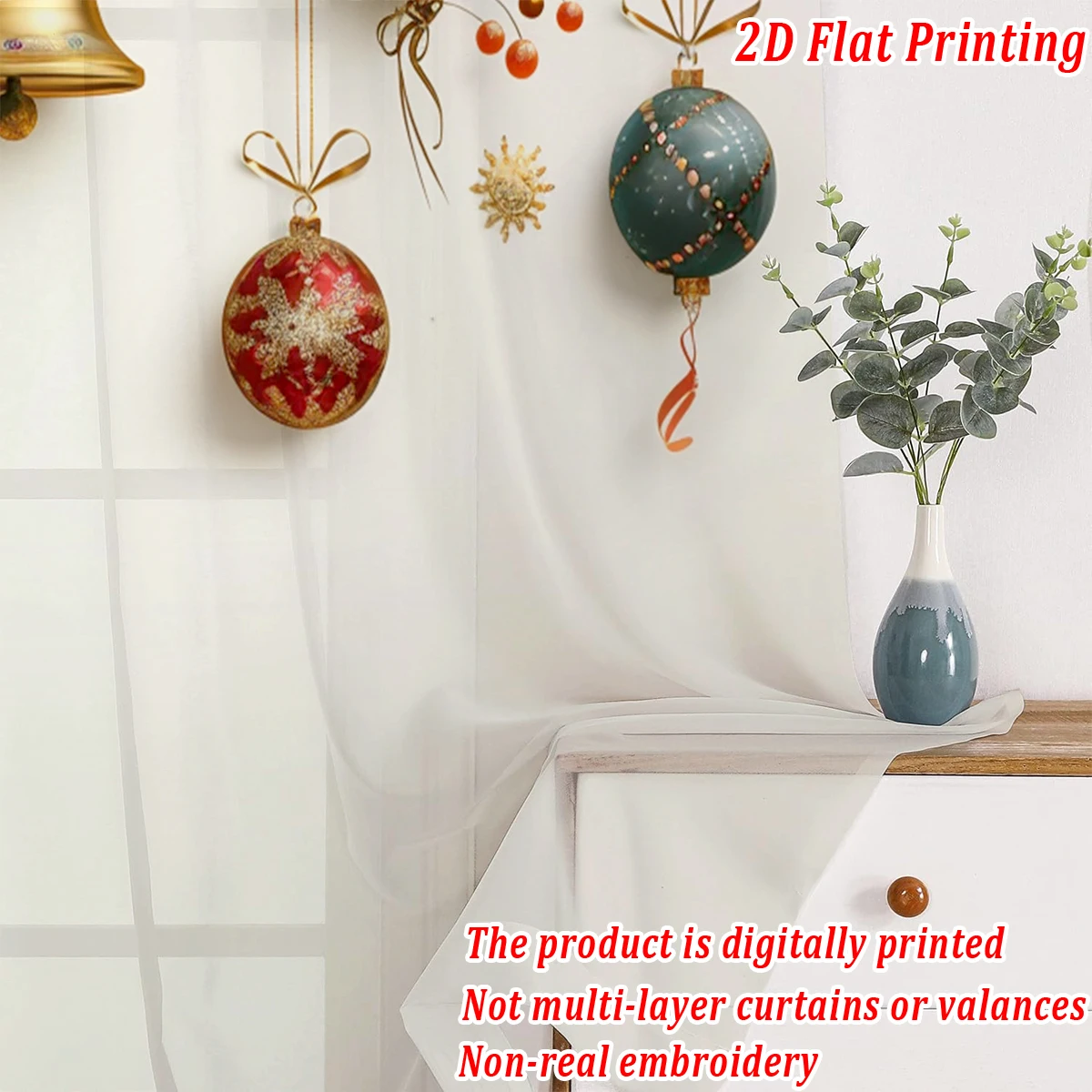 Christmas Flat Printing Sheer Curtain with Christmas for Living Room Bedroom Decor Holiday Party