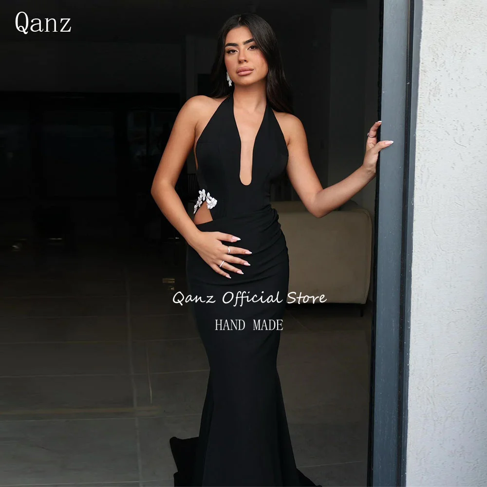 

Qanz Modest Black Satin Evening Dresses Sleeveless Mermaid Party Dresses Halter Neck V Neck Sexy Robes De Soirée Customized