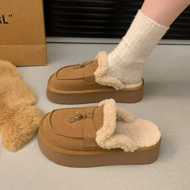 

Меховые тапочки, женские зимние плюшевые сандалии, роскошные шлепанцы на платформе, женская дизайнерская хлопковая домашняя обувь на толстой подошве, размер 35-40