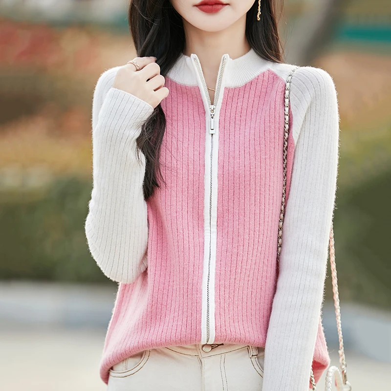 

100 pure wool new cardigan women's semi high neck sweater slim fit color blocked knit spring full sleeved women's wool sweater