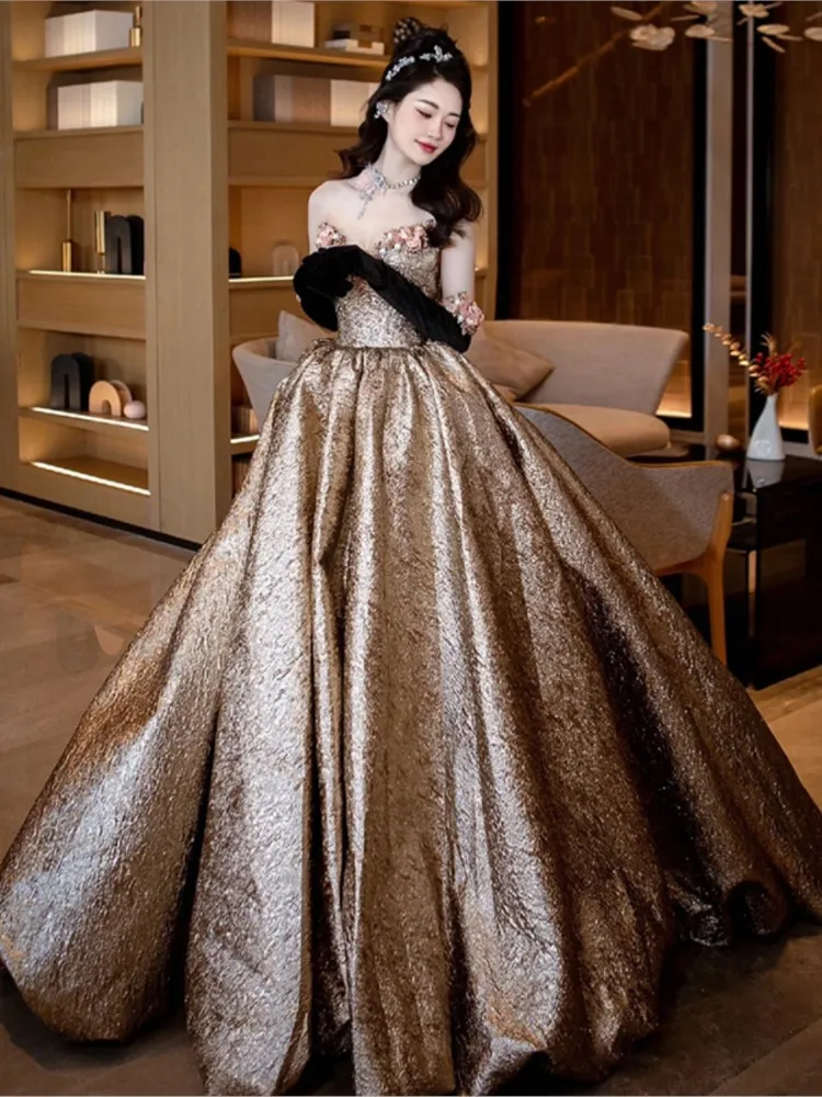 

Strapless skirt light luxury small tail pongee host temperament dress