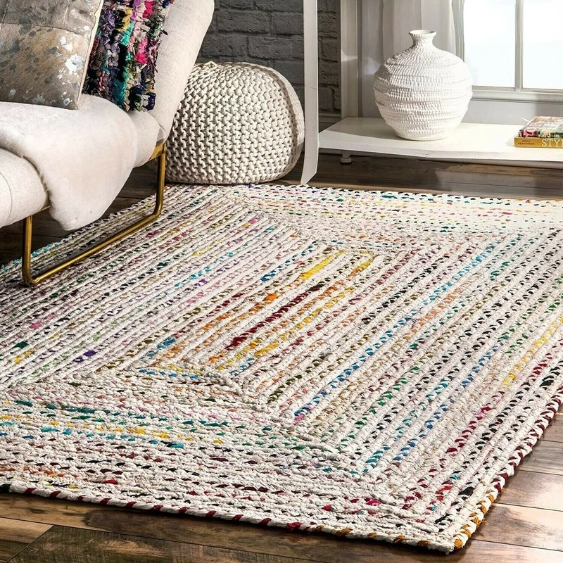 Rug 100% Natural Cotton Line Handmade Carpet Home Living Mat Knitted Reversible Rustic Look Colorful Braided Style Runner Rug