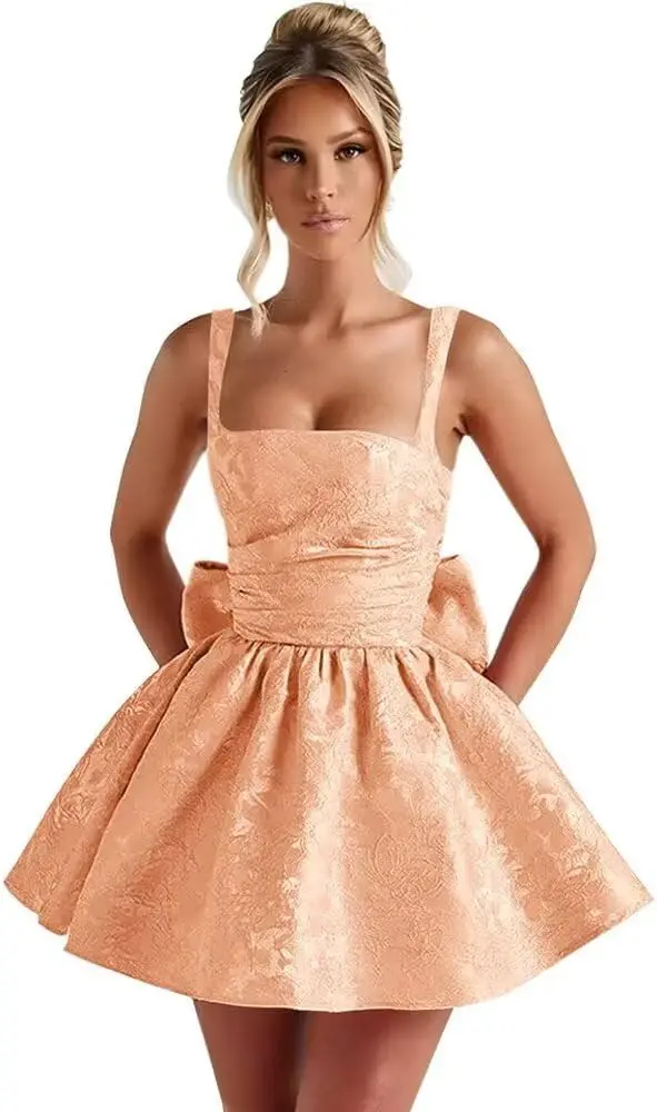 

Satin Jacquard Homecoming Dresses for Teens Spaghetti Strap Square Neck Aline Short Prom Cocktail Gown with Bow Above Knee ,Mini