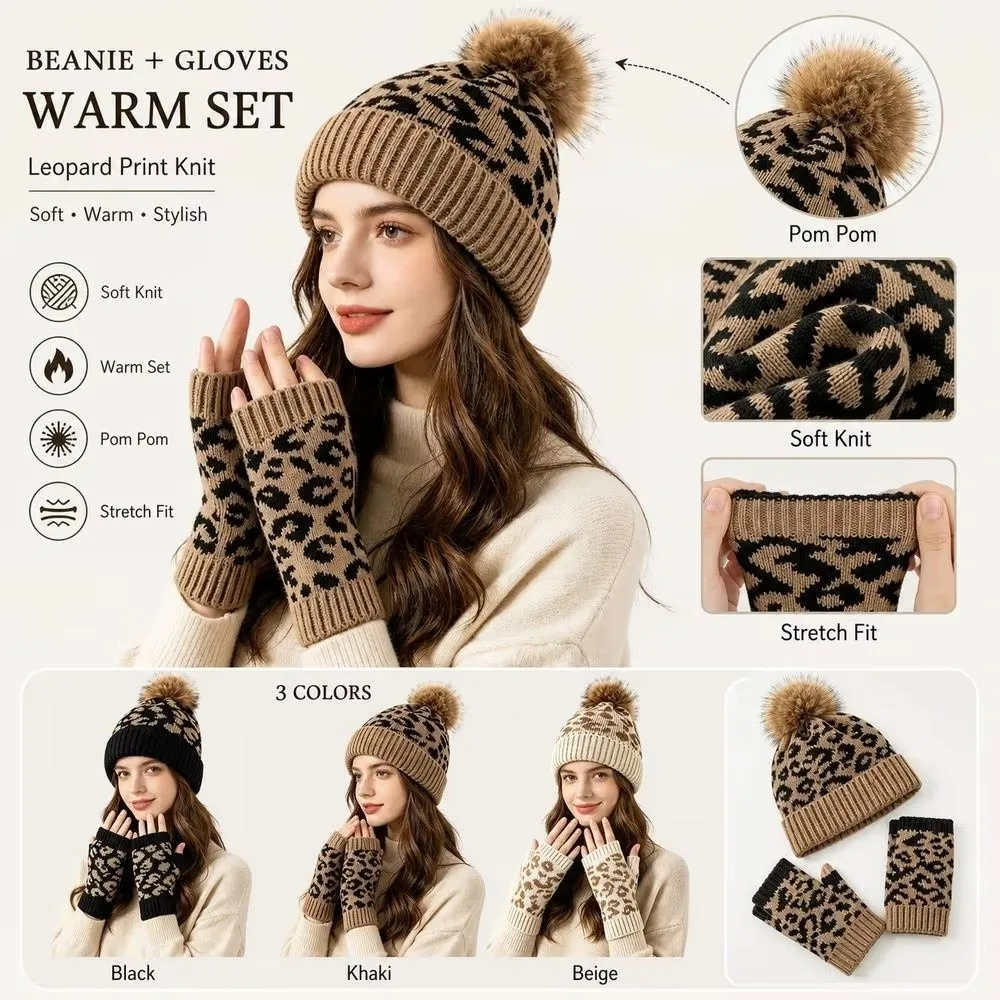 2Pcs/Set Simple Leopard Print Hat Gloves Set Thickened Soft Knitted Beanie Knitted Mittens Pullover Hat Cold Weather