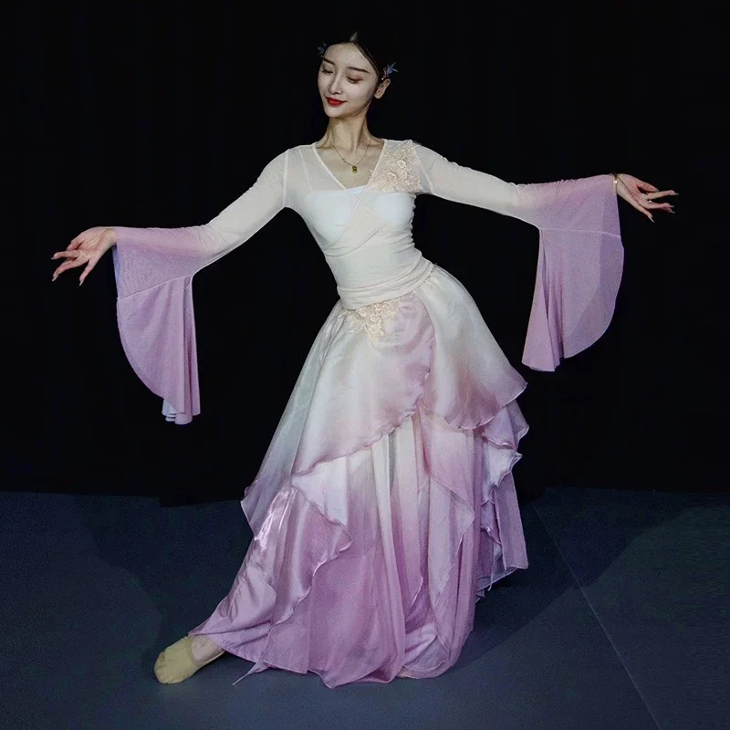 Traje de danza clásica, vestido de gasa de color degradado elegante y súper hada, falda ligera que fluye, traje de baile