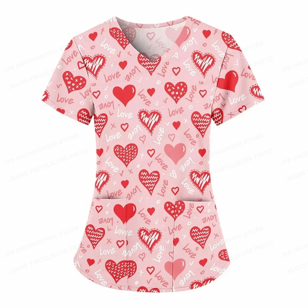 Love Heart Nurse Uniform Valentines Day V-Neck Pocket Medical Uniforms Letter Nursing Scrubs Tops Workear Uniforme enfermera