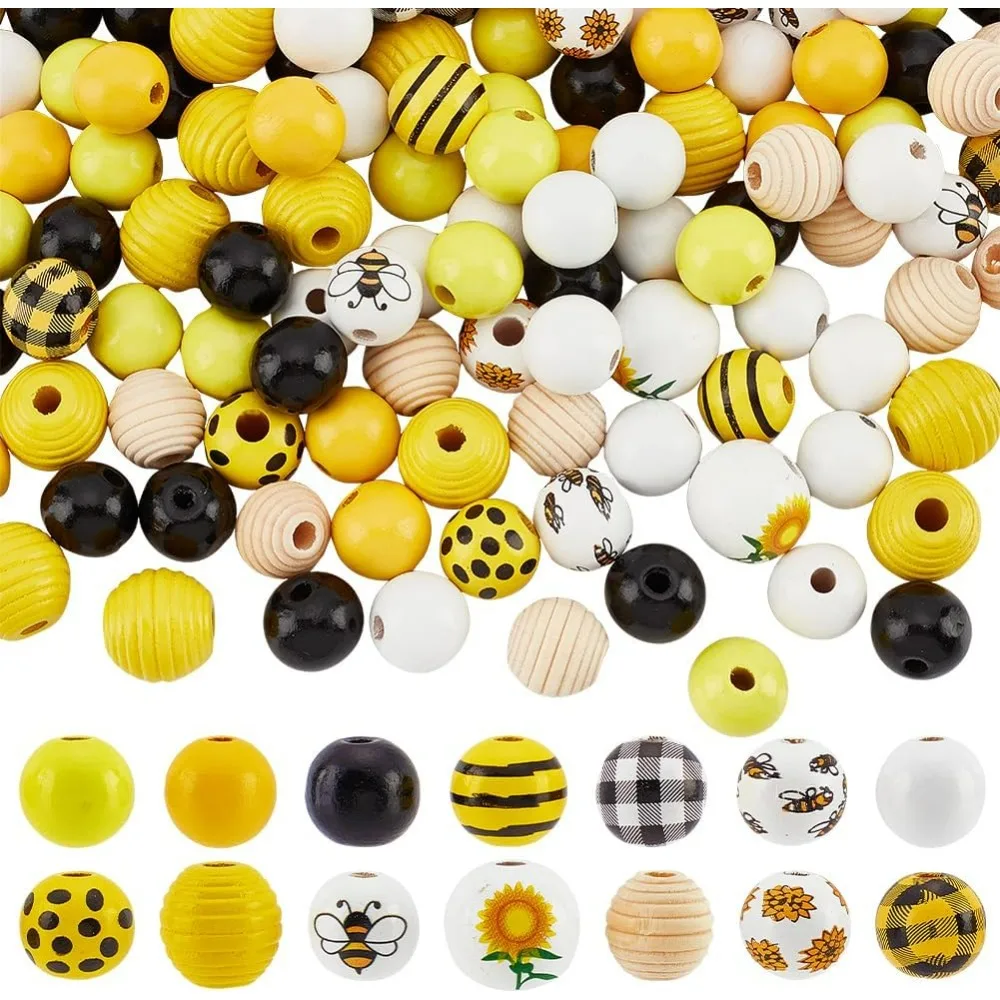 192pcs 14 Styles Sunflower Wooden Beads 16mm Bee Loose Round Beads Colorful Painted Wood Beads Yellow Bead for Summer Christmas