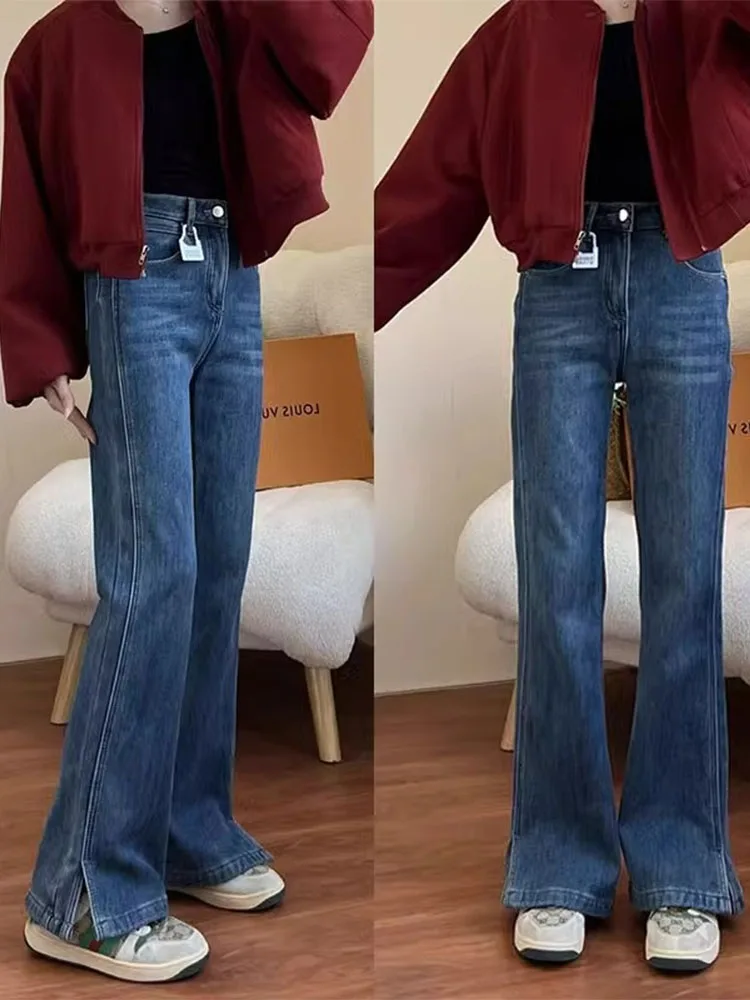 

Blue High Waist Flared Jeans Women's Spring New Sle Casual Wide Leg Long Pants Micro Flare Denim Trousers for plus Size