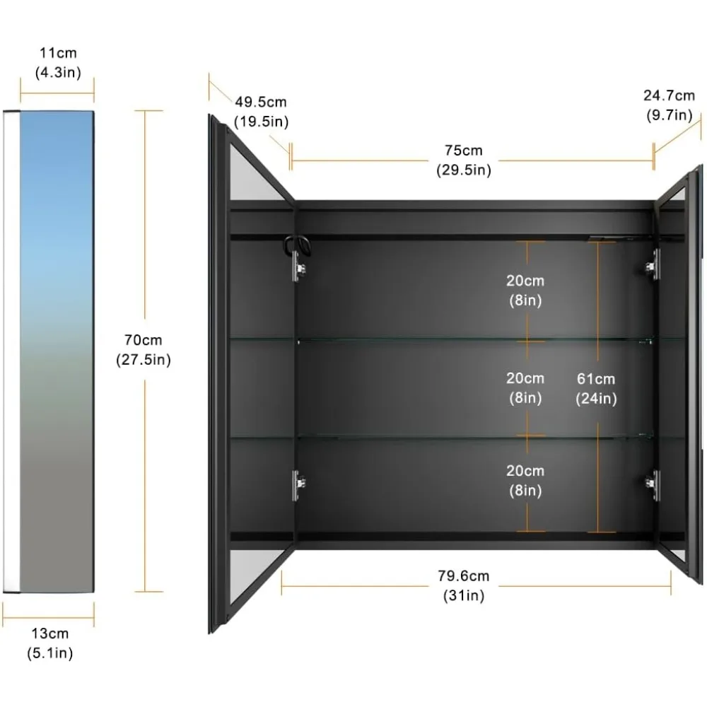 Bathroom Mirror Cabinet with Socket & USBs, Defogger, Dimmable, 3 Color Light Makeup Mirror, Easy to Install