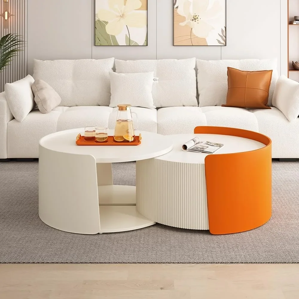 

Nesting Coffee Table Set of 2, Round Nesting Table and End Table, Modern Side Tables with Extendable Sliding Tabletop for Living