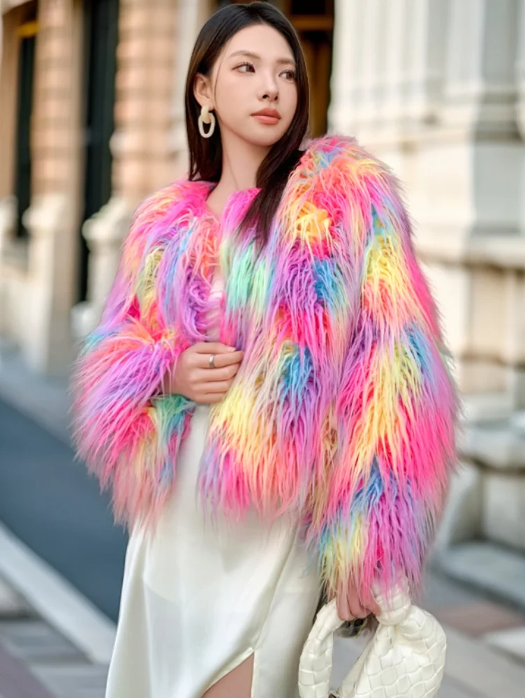 Female Autumn/Winter Colorful Faux Fur Coat Lady Furry Streetwea Shaggy Outerwear Women's Short Jacket Performance Costume