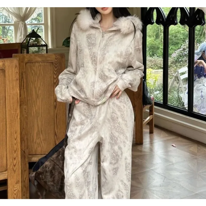 

Wasteland Style Retro Leopard Print Removable Fur Collar Hooded Sweater Jacket Set Advanced Sense Ins Design Sense