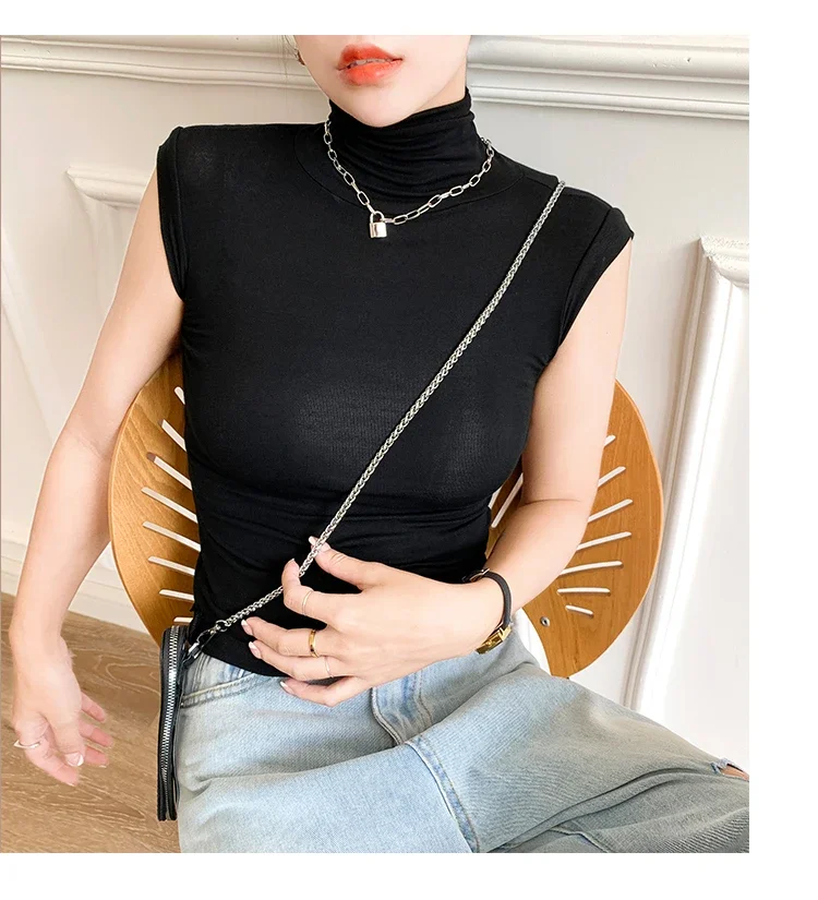 2026 Frühling Sommer Ärmelloses Rollkragen-T-Shirt für Damen Trendiges Vielseitiges Layering-Oberteil Stylisches Slim-Fit Basic-Unterhemd für Frauen – Detail 31