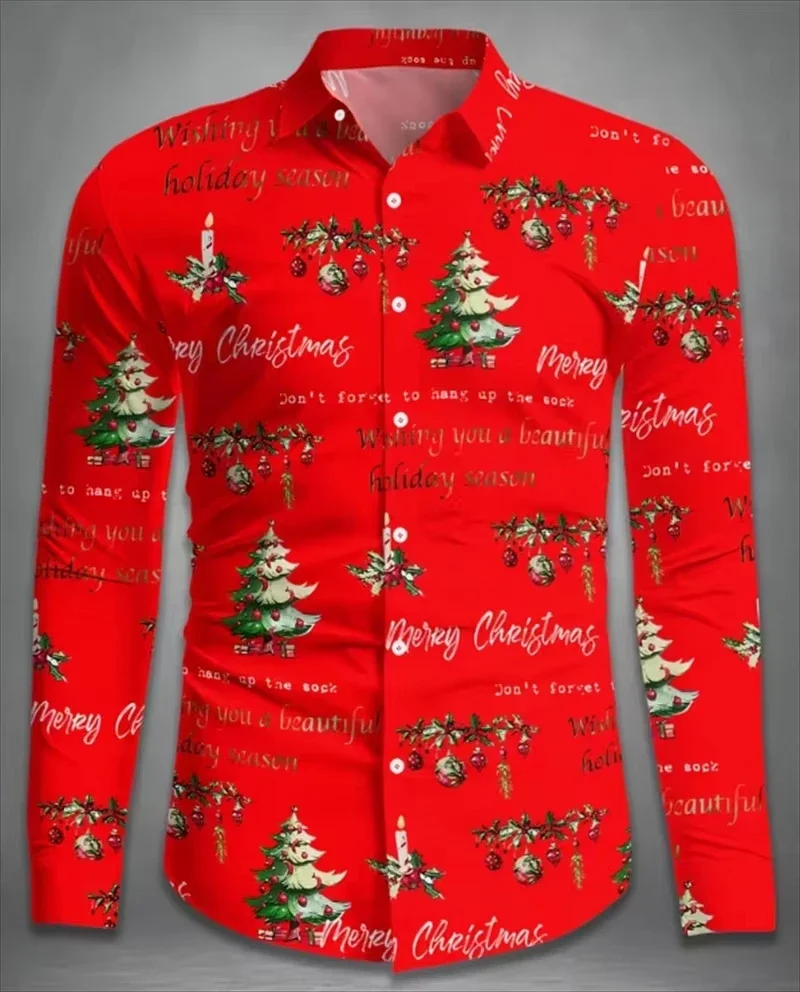 الرجال الاحتفال الأحمر مجموعة عيد الميلاد الحديثة الرجال طويلة الأكمام التلبيب هدية السنة الجديدة كتلة اللون ثلاثية الأبعاد طباعة قميص طويل الأكمام #2