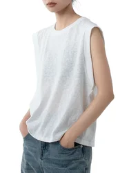 Canotte in cotone e lino donna semplici t-shirt senza maniche Semi trasparenti primavera estate 2024