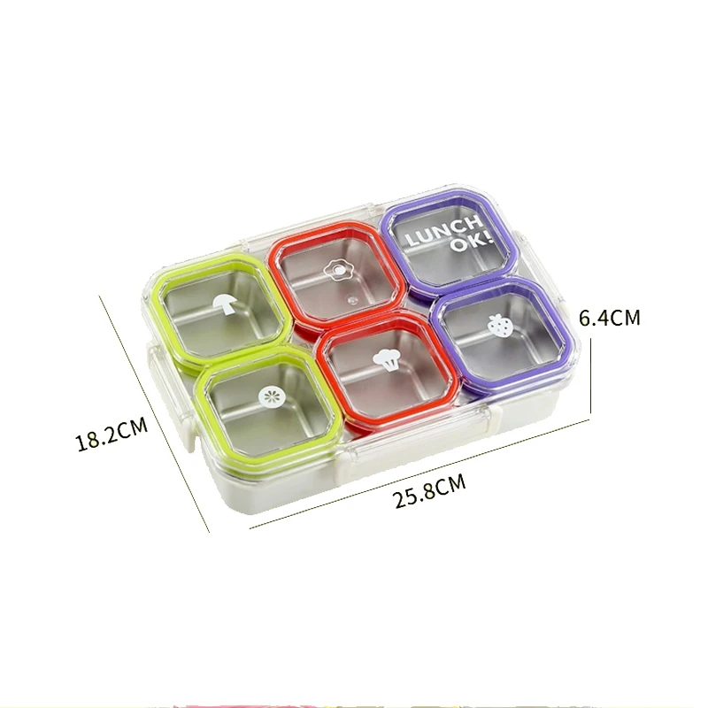 6 Compartment Stainless Steel Lunch Box with Spoon Fork Leakproof Sealed Portable Food Container with Lid Bento Box for Students