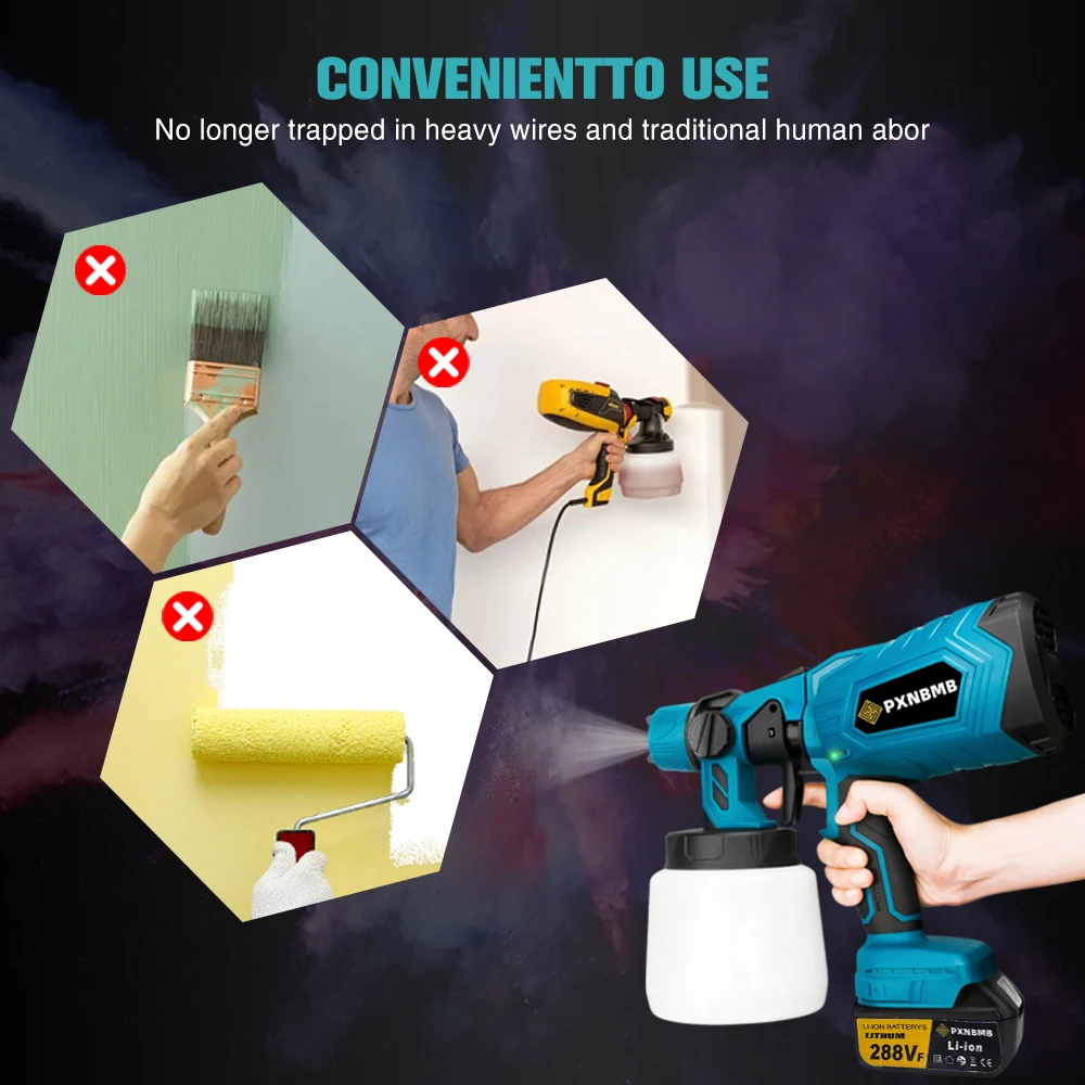 PXNBMB 1000 مللي بندقية رذاذ كهربائية لاسلكية قوية HVLP بخاخ طلاء أثاث السيارات الصلب طلاء البخاخة لماكيتا 18 فولت باتي
