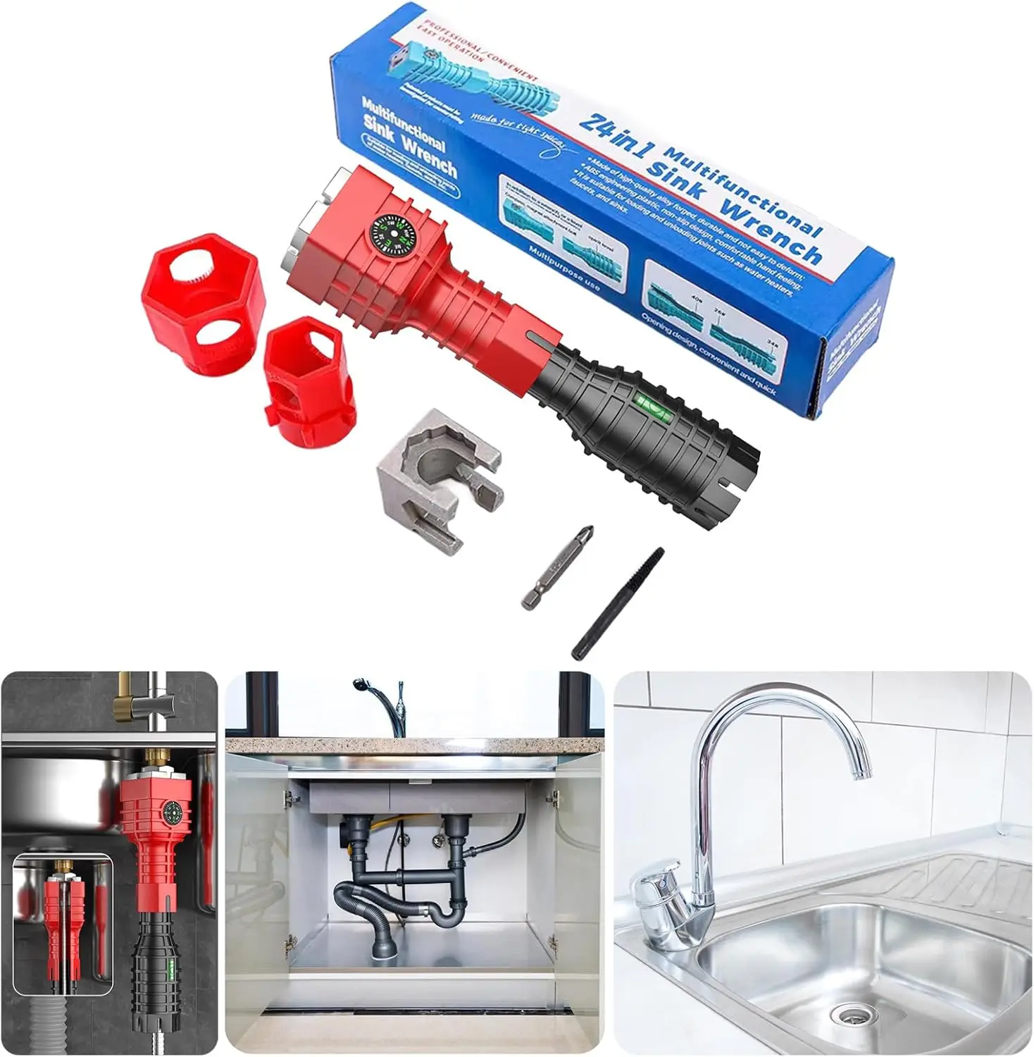 1 Set Professionelles 24-in-1 Multifunktions-Werkzeug für Wasserhahn- und Spülbeckenmontage, Sanitärwerkzeug, Wasserrohrschlüssel für Küche und Bad – Detail 8