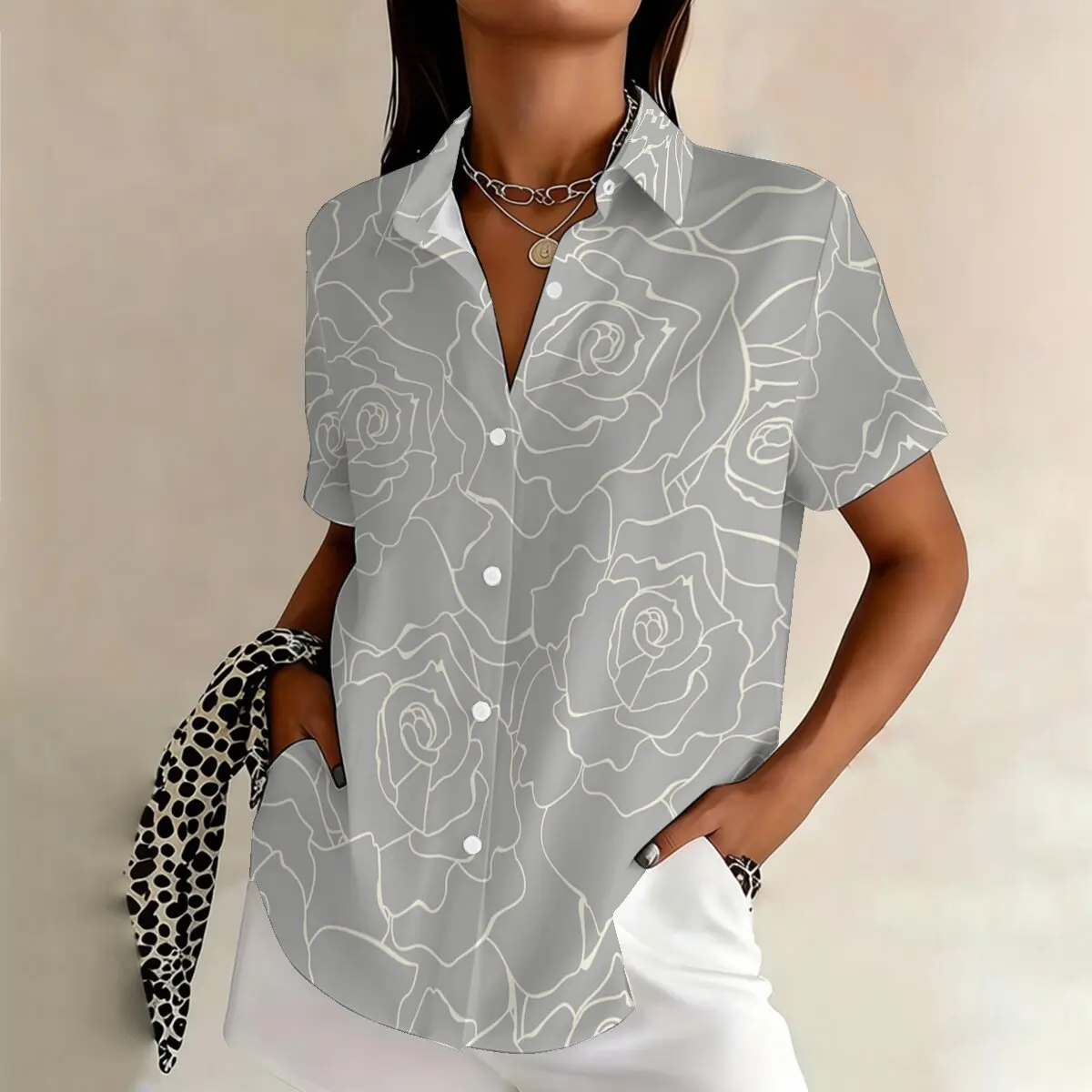

Fashion women's plus-size short-sleeve shirt, lined floral pattern,low-key and elegant,simple and unique for business and social