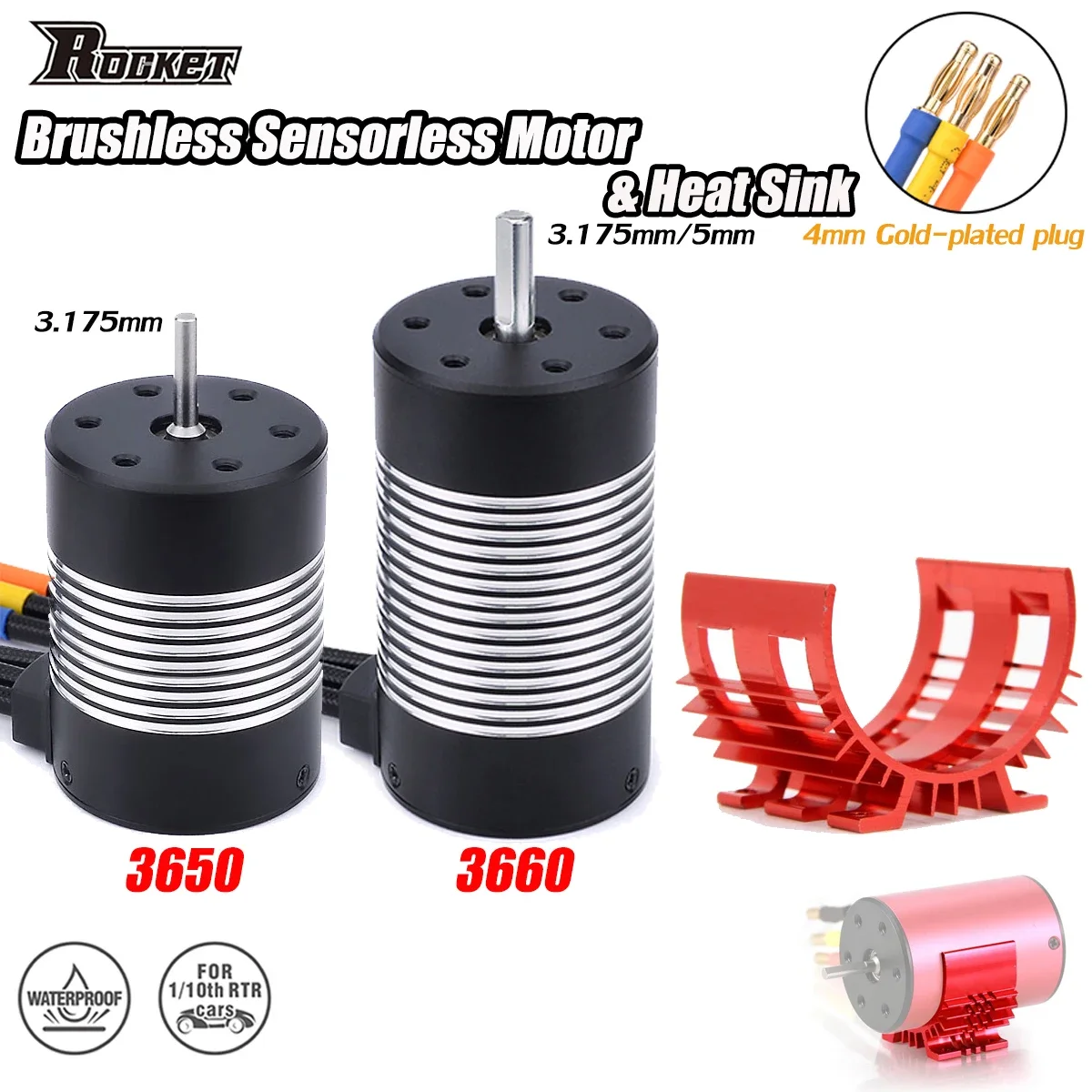 

Rocket Waterproof 3650 3660 Brushless Motor with Aluminium Heat Sink for 1/10 1/12 RC Car Wltoys 12428 Axial WPL Car Accessories