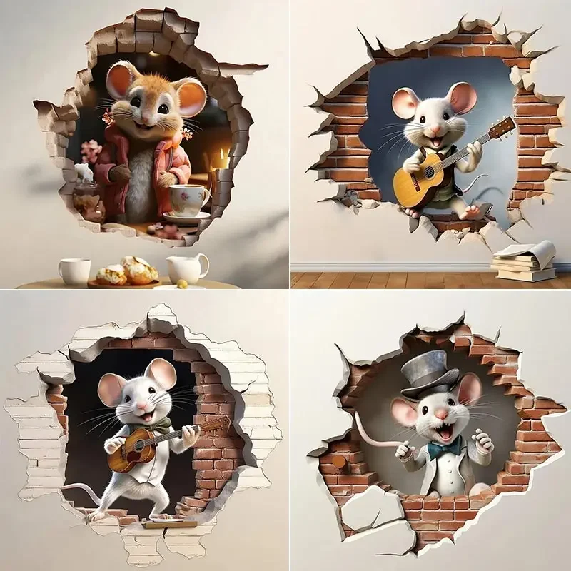 Cute Mouse Hole Wall Sticker Caffeine Enthusiast Mouse Coffee Break in Wall Hole Decal Mouse Singing Decoration