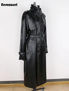 Nerazzurri Spring Autumn Long Oversized Windproof Waterproof Black Pu Leather Trench Coat Men Belt Double Breasted Overcoat 2024 5