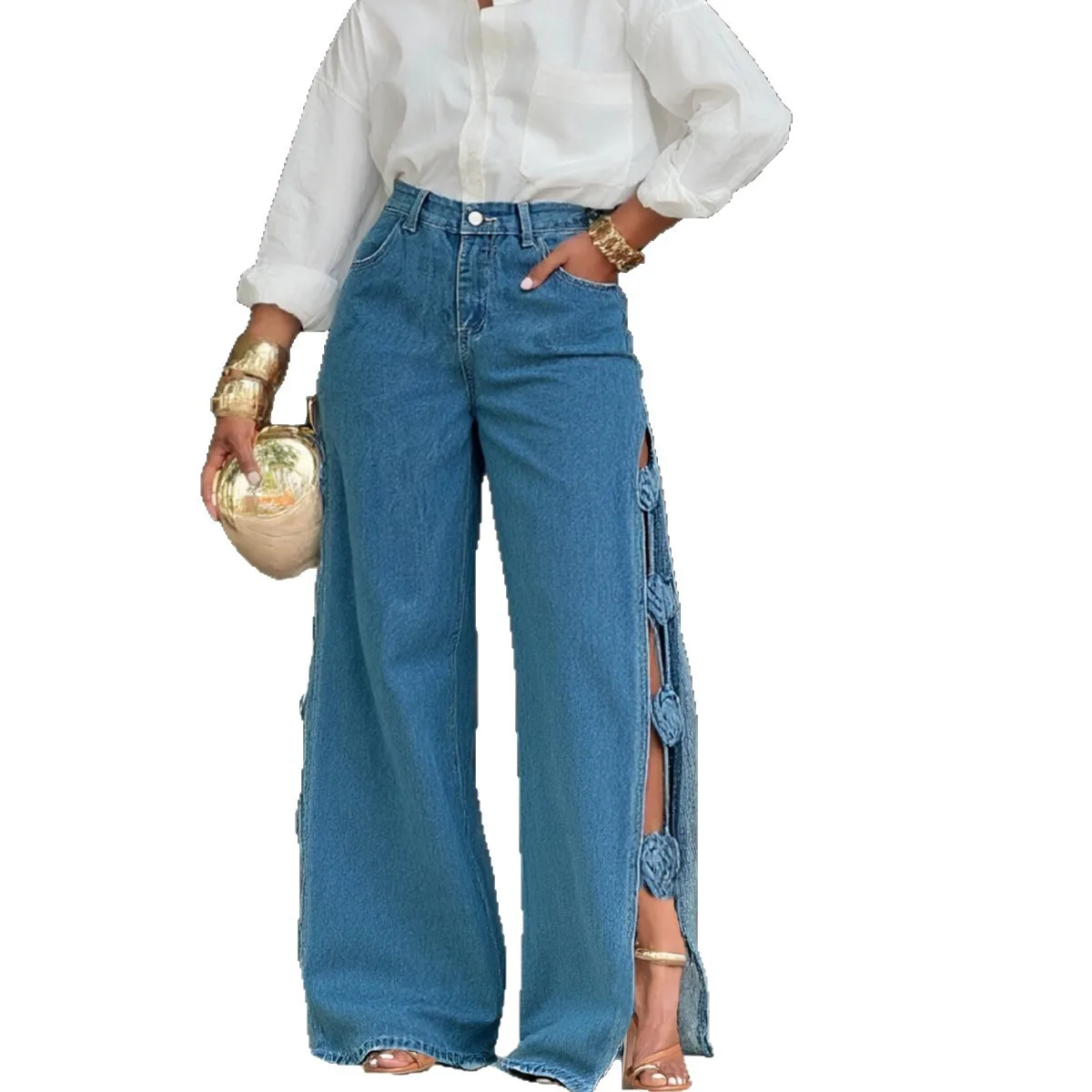 2026 Summer New Casual Fashion Hollow Split Fork Handmade Three-dimensional Flower Women's Jeans