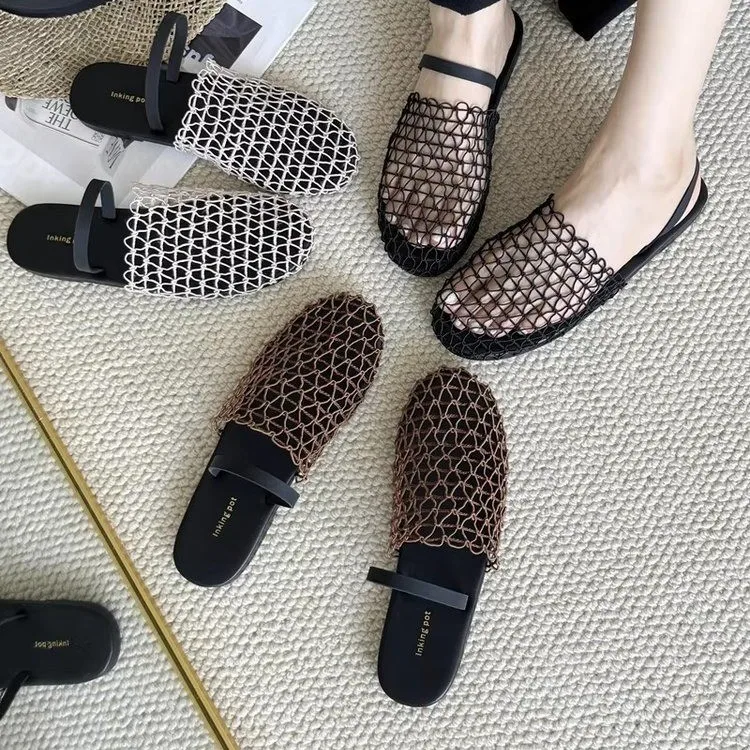 

Woven Hollow Toe Slip-On Comfortable Sandals Summer Mesh Niche Single Strap Flat Toe Slip-On Sandals Women’s Summer Slides