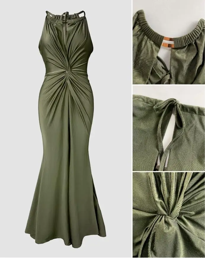 

Women's Satin Sleeveless Hollow-Out Twist Front Evening Dress Temperament Female Tied Detail Backless Zipper Back Mermaid Dress