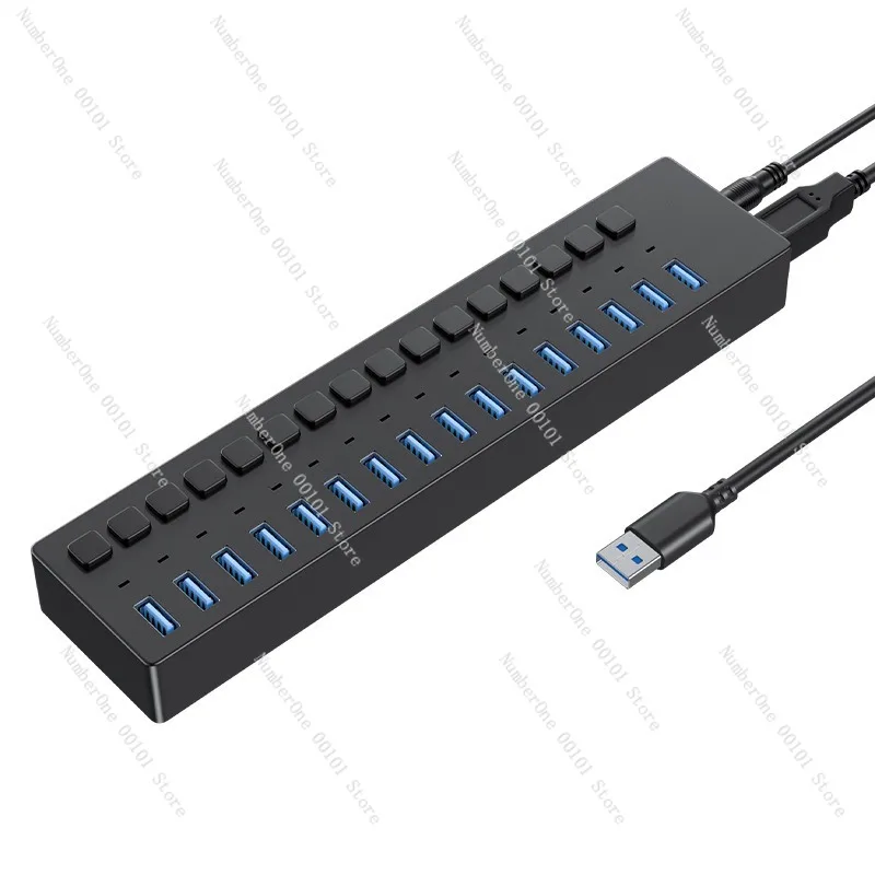 16-port USB hub with independent switch controls and power adapter,supports simultaneous device data transfer office setups