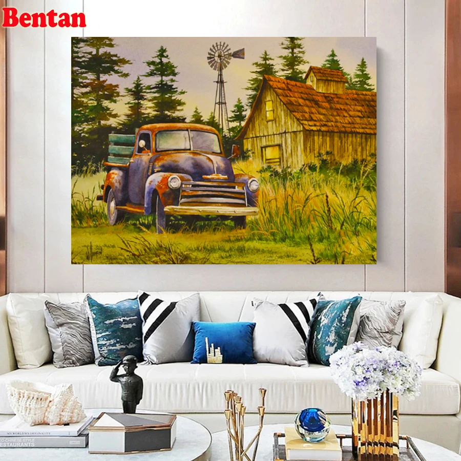 5D Diy Diamond Painting Retro Car Country House Landscape Full Square Drill Square Diamond Embroidery Mosaic Kit Cross Stitch