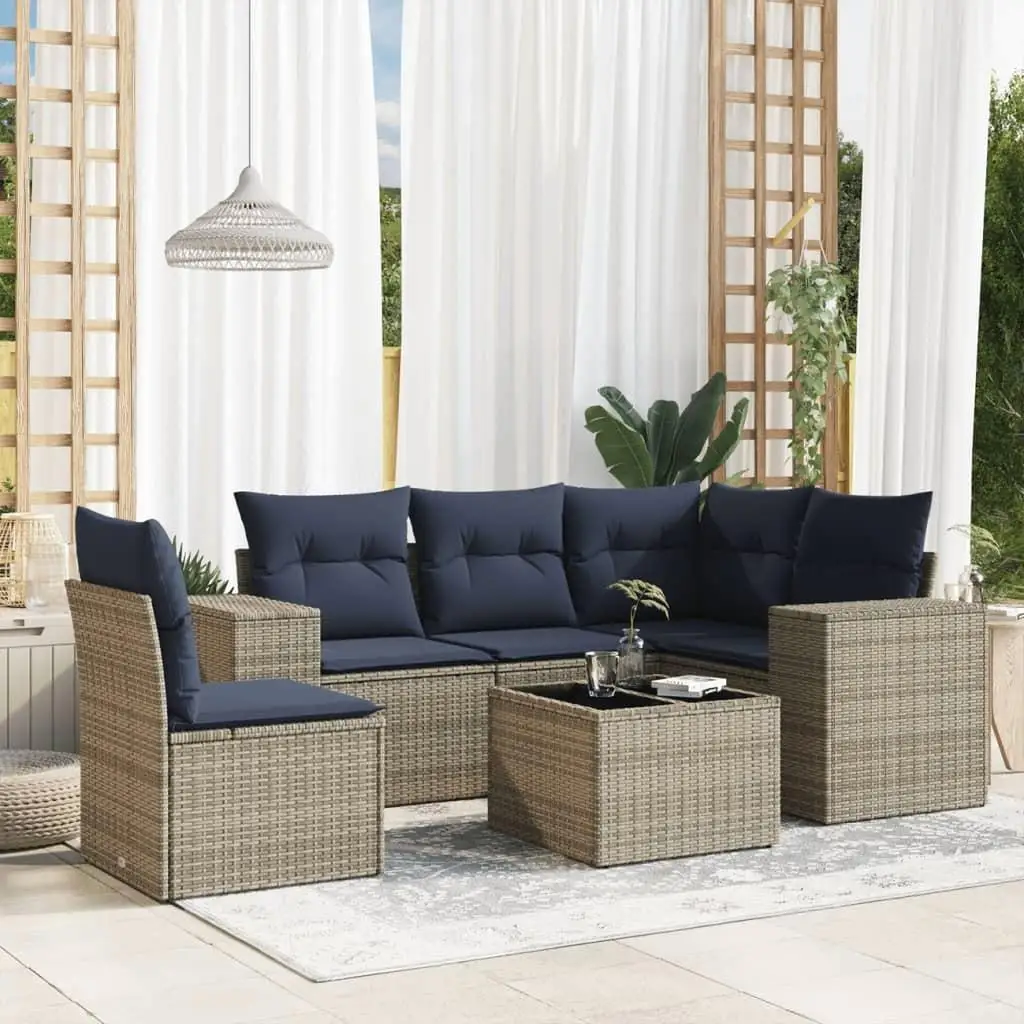 

6 Piece Gray Poly Rattan Patio Sofa Set with Cushions Outdoor Furniture Garden Seating