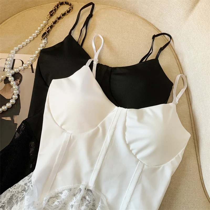 

Fashion Women's Sling Irregular Tube Top Femme Lady Camisole Summer French Style Black Vest Lace Splicing Sleeveless Top