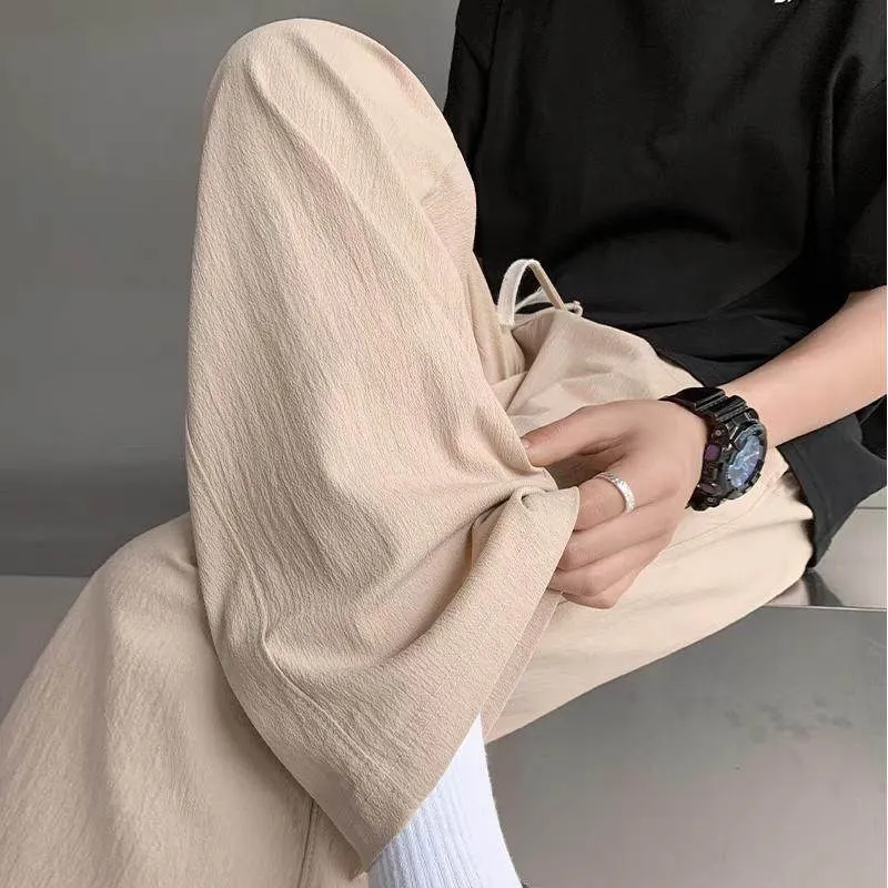Summer Thin Cotton Linen Men's Casual Sports Pants Loose Wide Leg Khaki Color Breathable Comfortable Straight Cut Trousers
