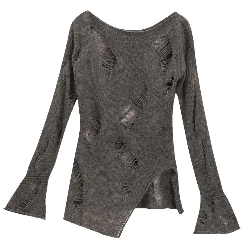 

2026 New Women's Hong Kong Style Knit Sweater Distressed Gray Top With Asymmetric Hem & Flare Sleeves Sun Protection Cover Up