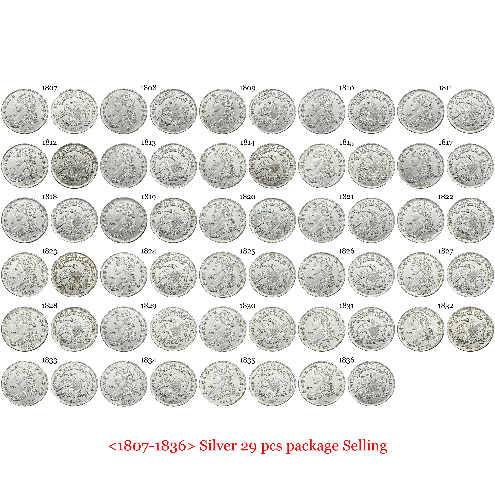 US 1807 - 1836 29 Pcs Pack Selling 50 Cents ½ Half Dollar Capped Bust Silver Plated Copy Commemorative Ww2 Collectible Coins