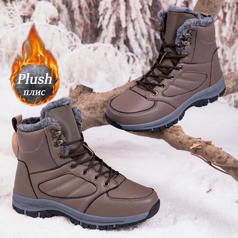 Men Winter Snow Boots For Waterproof Leather Sneakers Super Warm Men\'s Boots Outdoor Male Hiking Boots Work Shoes Big Size 39-48